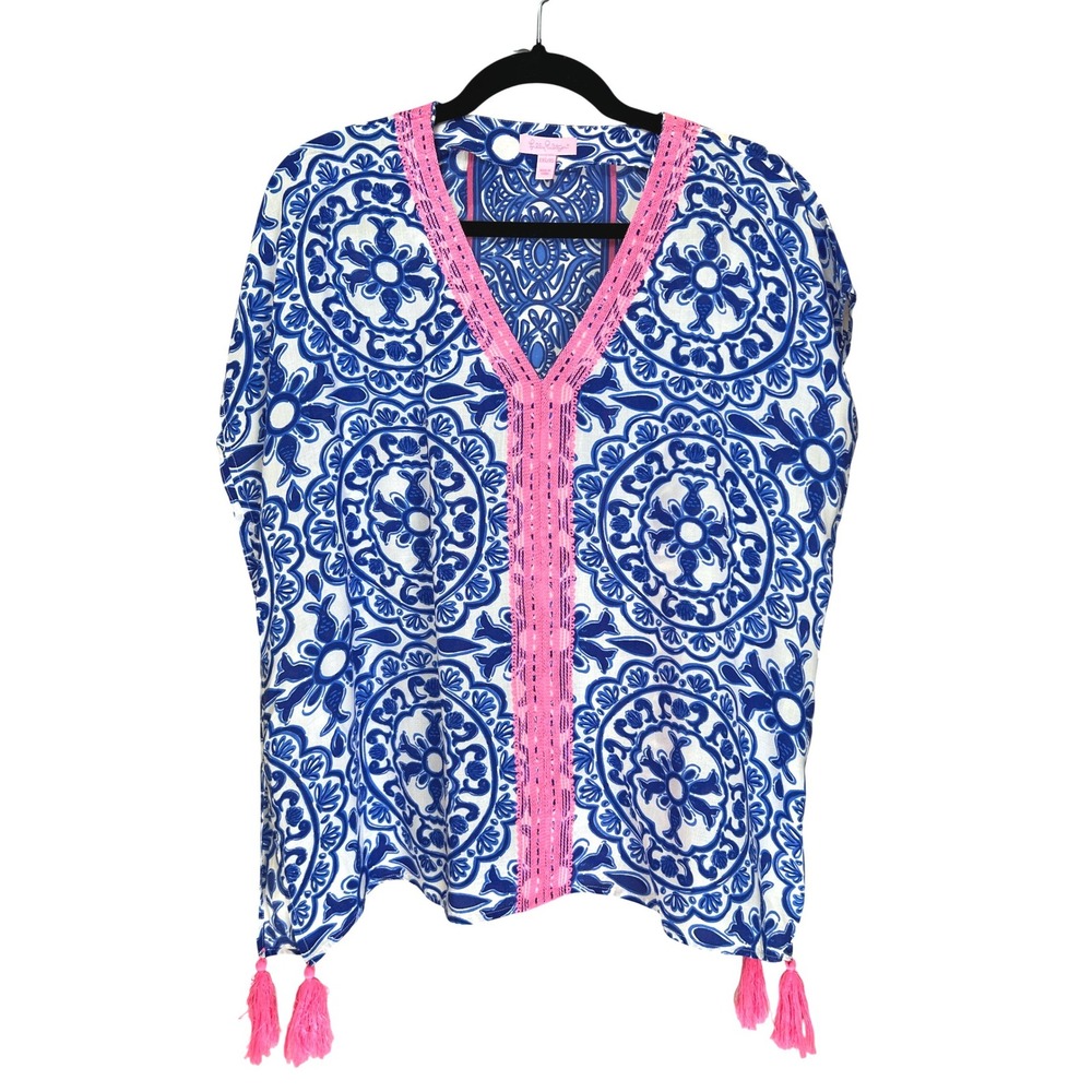 Lilly‎ Pulitzer Sydney Caftan Top Blue Tassel V-Neck Tunic XXS/XS Boho Resort - Picture 3 of 6